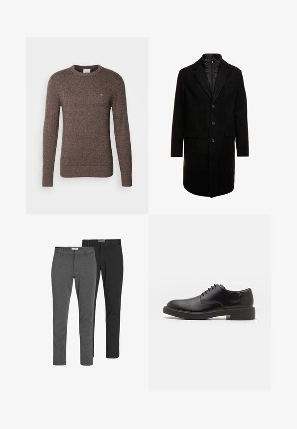 Manteau en mélange de laine noir au design élégant, doté d'une couche intérieure isolée zippée, de trois boutons et de deux poches avant.; Pull marron à col rond en maille douce, avec des manches longues et un petit logo sur la poitrine. Texture uniforme sur toute la surface.; Deux paires de pantalons classiques : une en mélange de coton gris, l'autre en mélange de coton noir. Les deux présentent un design ajusté avec passants de ceinture et une finition lisse.; Chaussure noire en cuir à lacets avec un embout arrondi, texture lisse, piqures minimales et un petit talon en caoutchouc. Logo sur le talon.