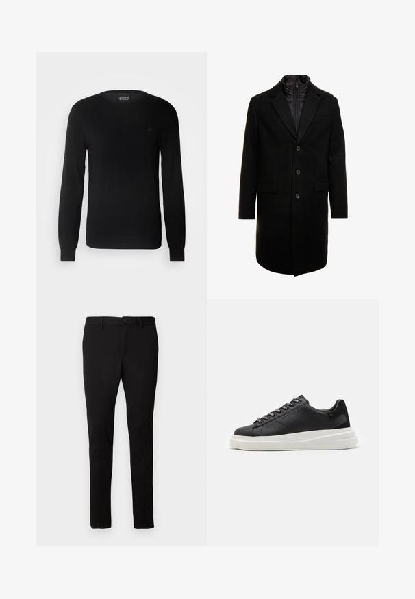 Black wool blend overcoat with a sleek design, featuring a zip-in insulated inner layer, three buttons, and two front pockets.; Black knitted sweater featuring a round neckline, long sleeves, and a small embroidered logo on the chest. Soft texture and fitted design.; Black slim-fit trousers with belt loops, front button, and zipper closure, displayed on a plain light background.; Black leather sneaker with a white rubber sole, featuring flat laces and branded eyelets. Soft texture with a contrasting side accent.