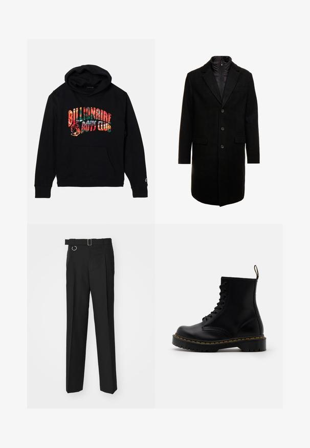 Fekete gyapjú keverékből készült overál, letisztult dizájnnal, cipzárral ellátott szigetelt belső réteggel, három gombbal és két elülső zsebből.; Fekete kapucnis pulóver puha anyagból, elülső zsebbel, húzózsinóros kapucnival és színes "Billionaire Boys Club" grafikával rendelkezik.; Études LOOSE SUIT PANT - Öltönynadrág - black; Fekete bőrből készült bokacsizma, fűzős elülső része, sárga varrása, kerek orra és vastag, textúrált gumitalpa van.