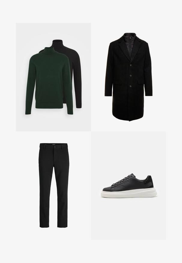 Zwarte wolblend overjas met een slank ontwerp, voorzien van een uitneembare geïsoleerde binnenlaag, drie knopen en twee voorzakken.; Twee coltruien, één donkergroen en één zwart, gemaakt van een gladde stof, met lange mouwen en geribbelde manchetten.; Zwarte broek van gladde stof, met een klassiek ontwerp, rechte snit, sluiting met een voorknop en zijzakken.; Zwarte leren sneakers met een witte rubberen zool, voorzien van platte veters en gemerkte oogjes. Zachte textuur met een contrasterende zijaccent.