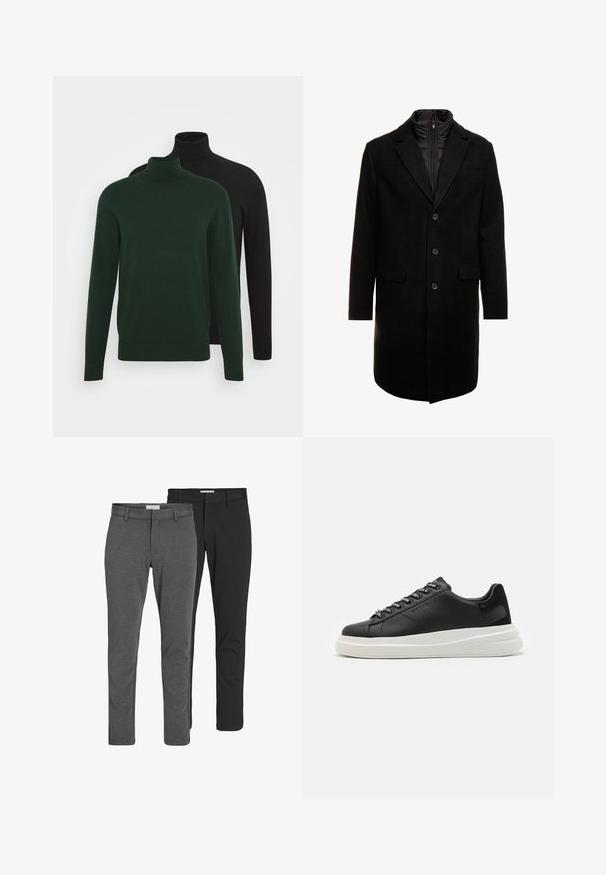 Juodas vilnos mišinio viršutinis paltas su elegantišku dizainu, turintis įsitraukiančią izoliuotą vidinę dalį, tris mygtukus ir dvi priekinės kišenes.; Du kambariniai megztiniai, vienas tamsiai žalias, o kitas juodas, pagaminti iš lygaus audinio, su ilgomis rankovėmis ir raukšlėtomis rankovėmis.; Du completai klasikų kelnės: viena pilka medvilnės mišinio, kita juoda medvilnės mišinio. abi turi pritaikytą dizainą su dirželių kilpomis ir lygiu paviršiumi.; Juodos odinės sportbačiai su balta guma padanga, su plokščiomis raiščiais ir firminiais skylutėmis. Minkšta tekstūra su kontrastingu šonu akcentu.