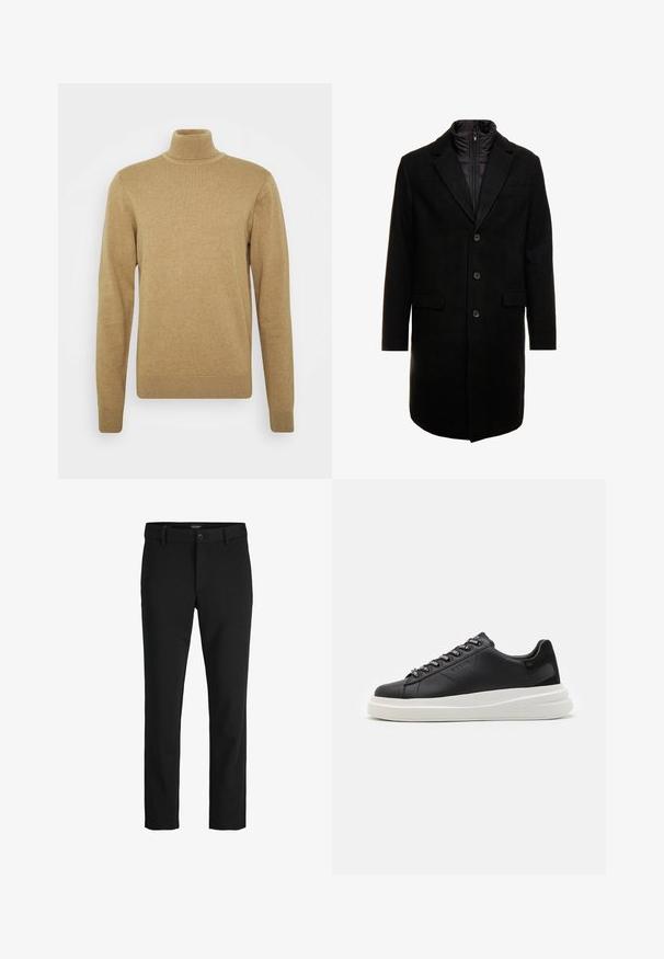 Cappotto lungo in misto lana nero dal design elegante, con uno strato interno isolato rimovibile, tre bottoni e due tasche frontali.; Maglione a collo alto beige realizzato in morbido tessuto knit. Presenta maniche lunghe e una vestibilità aderente. Dettagli a coste su orlo e colletto.; Pantaloni neri realizzati in un tessuto elegante, con un design classico, taglio dritto, chiusura frontale con bottone e tasche laterali.; Sneaker in pelle nera con suola in gomma bianca, dotato di lacci piatti e occhielli brandizzati. Texture morbida con un accento laterale a contrasto.