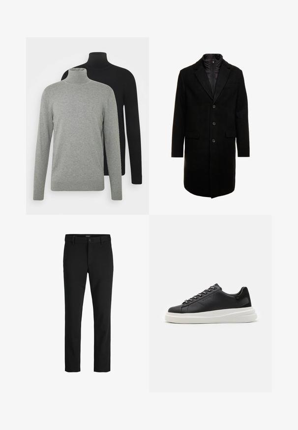 Abrigo de lana negro con un diseño elegante, que cuenta con una capa interna aislante desmontable, tres botones y dos bolsillos frontales.; Dos jerséis de cuello alto: uno gris y uno negro, ambos hechos de tela suave con mangas largas y puños y dobladillos acanalados.; Pantalones negros hechos de una tela elegante, con un diseño clásico, corte recto, cierre frontal con botón y bolsillos laterales.; Zapatilla de cuero negra con suela de goma blanca, con cordones planos y ojales de marca. Textura suave con un acento lateral contrastante.