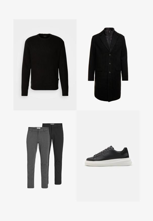 Zwarte wolblend overjas met een slank ontwerp, voorzien van een uitneembare geïsoleerde binnenlaag, drie knopen en twee voorzakken.; Zwarte geribbelde trui met een ronde halslijn en lange mouwen. Gemaakt van een gestructureerde stof. Kenmerkt zich door een klein merkje aan de zoom.; Twee paren klassieke broeken: een grijze katoenmix en een zwarte katoenmix. Beide hebben een getailleerd ontwerp met riemlussen en een gladde afwerking.; Zwarte leren sneakers met een witte rubberen zool, voorzien van platte veters en gemerkte oogjes. Zachte textuur met een contrasterende zijaccent.