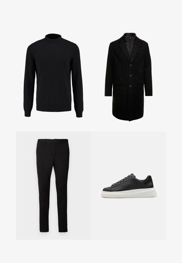 Črn volnen mešani plašč s sleek oblikovanjem, ki vključuje notranjo plast z izolacijo, tri gumbe in dva sprednja žepa.; Črna pletena pulover s visokim ovratnikom, dolgimi rokavi ter rebrastimi manšetami in robom, ki se ponaša z nemotečim teksturo in klasično silhueto.; Črne slim-fit hlače z zankami za pas, sprednjim gumbom in zadrgo, prikazane na enotni svetli ozadju.; Črne usnjene teniske z belim gumijastim podplatom, ki imajo ravne vezalke in blagovno znamko na ošitih luknjah. Mehka tekstura s kontrastnim stranskim poudarkom.