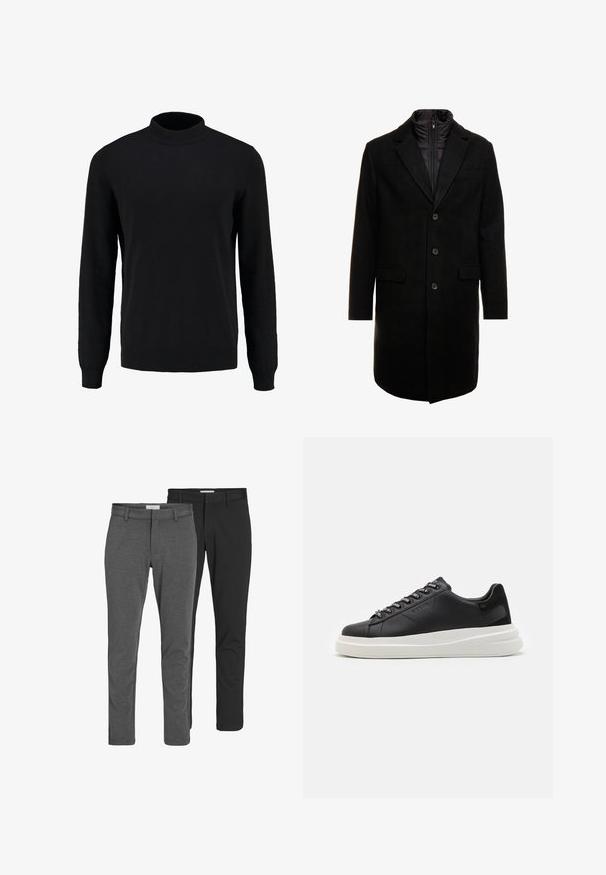 Schwarzer Wollmischung-Übermantel mit sleekem Design, ausgestattet mit einer herausnehmbaren isolierten Innenschicht, drei Knöpfen und zwei Fronttaschen.; Schwarzer Strickpullover mit hohem Kragen, langen Ärmeln und gerippten Bündchen und Saum, der eine glatte Textur und eine klassische Silhouette aufweist.; Zwei Paar klassische Hosen: eine aus grauer Baumwollmischung, eine aus schwarzer Baumwollmischung. Beide besitzen ein maßgeschneidertes Design mit Gürtelschlaufen und einer glatten Oberfläche.; Schwarze Ledersneaker mit einer weißen Gummisohle, ausgestattet mit flachen Schnürsenkeln und markierten Ösen. Weiche Textur mit einem kontrastierenden Seitenakzent.