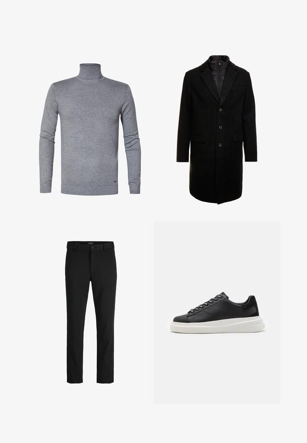 Černý vlněný kabát s elegantním designem, který má odnímatelnou izolační vnitřní vrstvu, tři knoflíky a dvě přední kapsy.; Šedý rolák ze měkké pleteniny, s dlouhými rukávy a děrovanými manžetami a lemem. Jednoduchá, jednobarevná bez vzorů nebo akcentů.; Černé kalhoty vyrobené z hladkého materiálu, s klasickým designem, rovný střih, přední zapínání na knoflík a boční kapsy.; Černé kožené tenisky s bílou gumovou podrážkou, mají ploché tkaničky a očička s logem. Jemná textura s kontrastním bočním akcentem.