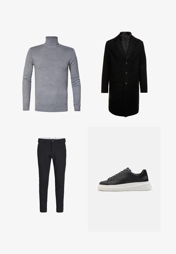 Schwarzer Wollmischung-Übermantel mit sleekem Design, ausgestattet mit einer herausnehmbaren isolierten Innenschicht, drei Knöpfen und zwei Fronttaschen.; Grauer Rollkragenpullover aus weichem Strickstoff, mit langen Ärmeln sowie gerippten Bündchen und Saum. Einfach, in einfarbigem Design ohne Muster oder Akzente.; Schwarze Hose aus einem glatten, dehnbaren Stoff. Sie hat eine schmale Passform, einen Knopfverschluss und seitliche Eingrifftaschen.; Schwarze Ledersneaker mit einer weißen Gummisohle, ausgestattet mit flachen Schnürsenkeln und markierten Ösen. Weiche Textur mit einem kontrastierenden Seitenakzent.