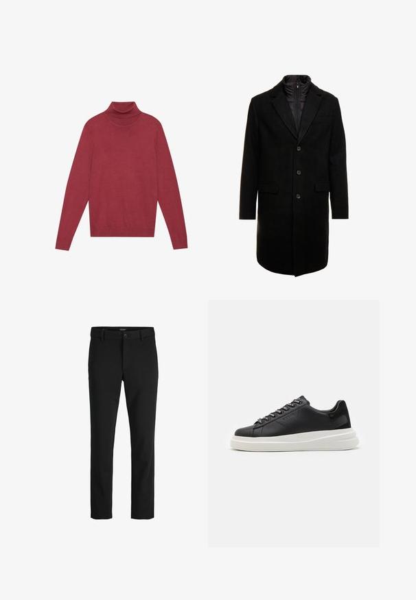 Melna vilnas maisījuma virsjakas ar elegantu dizainu, kurā ir iešūta izolēta iekšējā kārta, trīs pogas un divas priekšējās kabatas.; Sarkanais tērpiņš ar augstu apkakli, izgatavots no mīksta adījuma auduma. Tam ir garas piedurknes un pieguļoša forma. Gluda virsma bez redzamām rakstu vai detaļām.; Melnas bikses no gludas auduma, ar klasisku dizainu, taisnu griezumu, priekšējo pogu aizdari un sānu kabatām.; Melnas ādas sporta kurpes ar baltu gumijas zoli, kurām ir plakanas saites un zīmola acs. Mīksta tekstūra ar kontrastējošu sānu akcentu.