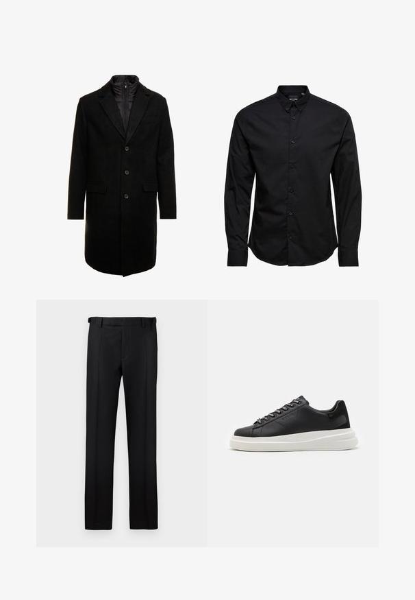 Must värviline villasegu mantlit, millel on sujuv disain, varustatud lülitatava isoleeritud sisemise kihiga, kolme nupukese ja kahe eesmine taskuga.; Musträid pikkade varrukatega nööpidega särk, mis on valmistatud puuvillast. Omab klassikalist kraed, esipoolse nööpide kinnitust ja sirget äärt, ilma mustrite või dekoratsioonideta.; Mustad püksid, mis on valmistatud pehmest materjalist, sirge säärega, tasase eesosaga ja vööaasadega reguleeritava sobivuse tagamiseks.; Mustmustest musta nahkistsneaker, millel on valge kummist tald, sirged paelad ja bränditud silmad. Pehme tekstuur kontrastse küljeaktsendiga.