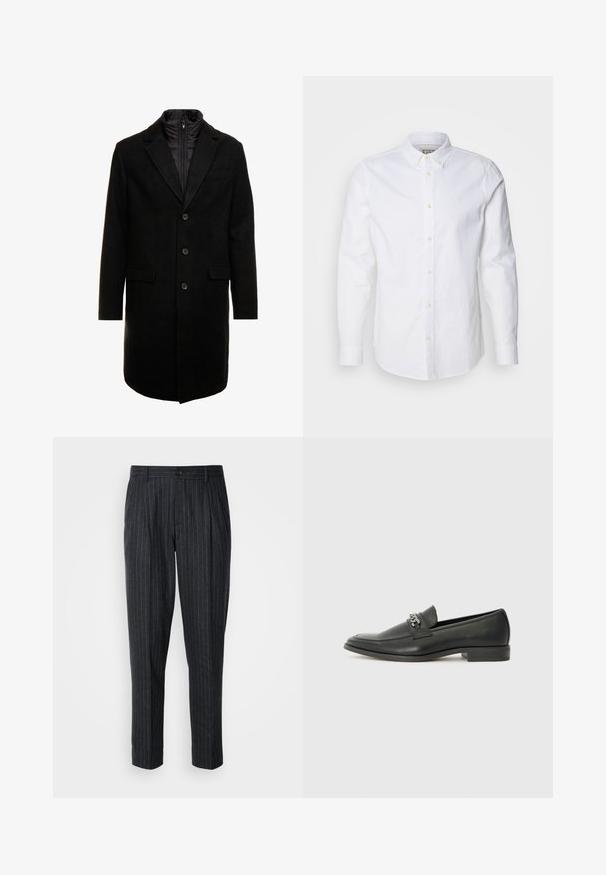 Black wool blend overcoat with a sleek design, featuring a zip-in insulated inner layer, three buttons, and two front pockets.; White long-sleeve button-up shirt made of cotton, featuring a structured collar, subtle logo embroidery, and light tan buttons.; Tailored trousers in dark gray fabric with thin vertical stripes; features a button closure and pleated front design.; Black leather loafer with a smooth finish, featuring a stitched design and a decorative metal chain accent across the vamp. Flat heel.