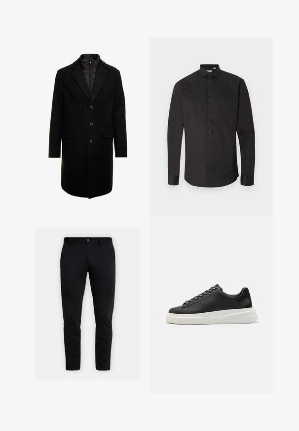 Čierny vlnený mixový kabát s elegantným dizajnom, ktorý má zasúvateľnú izolovanú vnútornú vrstvu, tri gombíky a dve predné vrecká.; Čierna košeľa s dlhým rukávom z hladkej bavlny, s gombíkmi na prednom diely, klasickým golierom a zaobleným lemom. Jednoduchý dizajn bez vzorov.; Štíhle čierne nohavice s pútkami na opasok, predným zapínaním na gombík a bočnými vreckami, zobrazené na svetlo šedom pozadí.; Čierne kožené tenisky s bielou gumovou podrážkou, s plochými šnúrkami a brandovanými očkami. Mäkká textúra s kontrastným bočným akcentom.