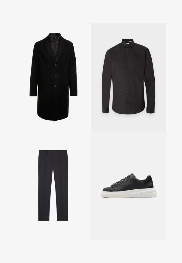Fekete gyapjú keverékből készült overál, letisztult dizájnnal, cipzárral ellátott szigetelt belső réteggel, három gombbal és két elülső zsebből.; Fekete, hosszú ujjú ing, sima pamutból készült, gombos elülső résszel, klasszikus gallérral és ívelt szegéllyel. Egyszerű dizájn, minták nélkül.; The Kooples Öltönynadrág - black; Fekete bőr sportcipő fehér gumitalppal, lapos fűzőkkel és márkázott fűzőlyukakkal. Puha tapintású, kontrasztos oldali akcentussal.