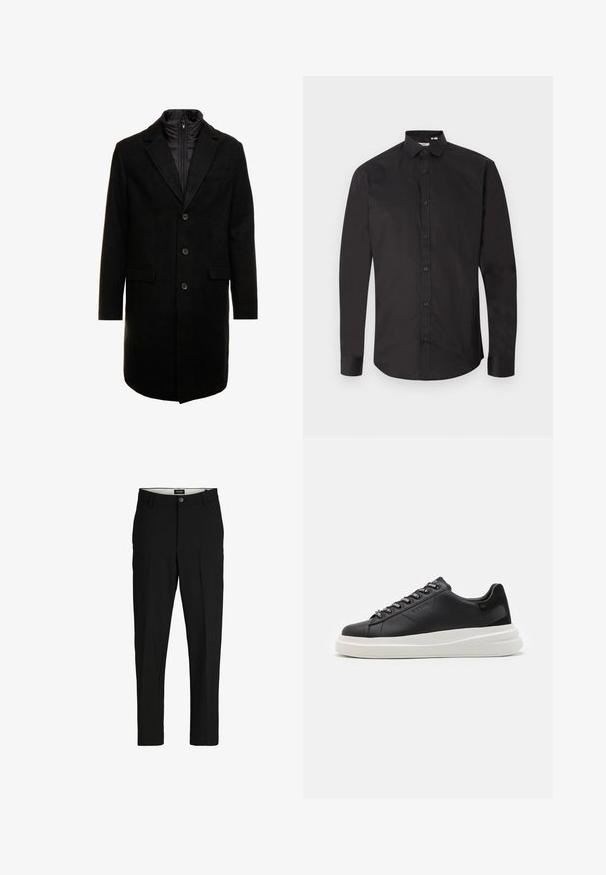 Črn volnen mešani plašč s sleek oblikovanjem, ki vključuje notranjo plast z izolacijo, tri gumbe in dva sprednja žepa.; Črna majica z dolgimi rokavi iz gladkega bombaža, z odprtim sprednjim delom na gumbe, klasičnim ovratnikom in ukrivljenim robom. Preprost dizajn brez vzorcev.; Črne hlače iz gladkega materiala, s prilagojenim dizajnom, ravnimi nogavicami, dvema sprednjima žepoma in posamičnim gumbom za zapiranje.; Črne usnjene teniske z belim gumijastim podplatom, ki imajo ravne vezalke in blagovno znamko na ošitih luknjah. Mehka tekstura s kontrastnim stranskim poudarkom.