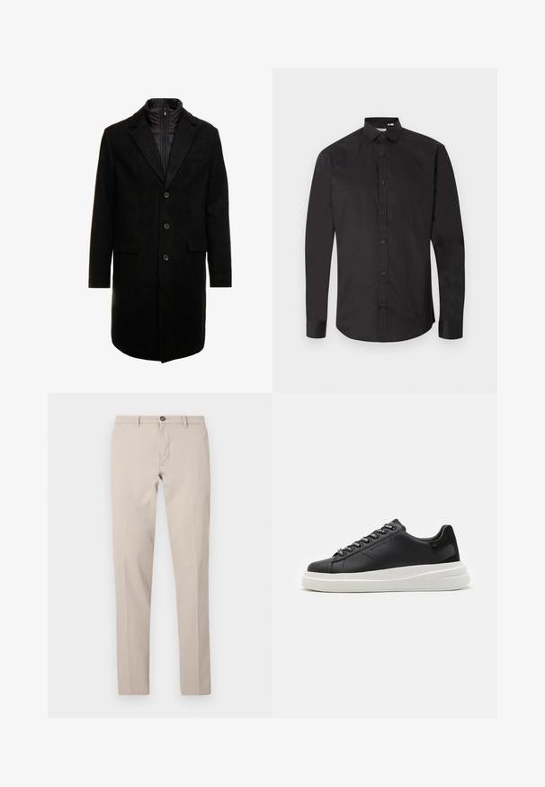 Czarny płaszcz wełniany o eleganckim fasonie, z ocieplaną wkładką na zamek, trzema guzikami i dwiema przednimi kieszeniami.; Czarna, długorękawowa koszula wykonana z gładkiej bawełny, z zapięciem na guziki z przodu, klasycznym kołnierzem i zaokrąglonym dołem. Prosty design, bez wzorów.; Beżowe, dopasowane spodnie z pętelkami na pasek, zapinane na guzik i z przodu na suwak, ułożone płasko na białym tle.; Czarne skórzane trampki z białą gumową podeszwą, z płaskimi sznurowadłami i logo w oczkach. Miękka tekstura z kontrastowym akcentem bocznym.