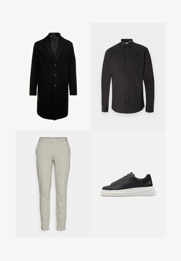 Svart ullblandad ytterrock med en stilren design, med ett zip-in isolerat innerlager, tre knappar och två framfickor.; Svart långärmad skjorta av mjuk bomull, med knäppning framtill, klassisk krage och rundad fåll. Enkel design utan mönster.; Beige skräddarsydda byxor av lätt tyg, med en knappstängning fram, två sidfickor och en slim fit-design.; Svart lädersneaker med en vit gummisula, med platta snören och märkta öglor. Mjuk textur med en kontrasterande sidodetalj.