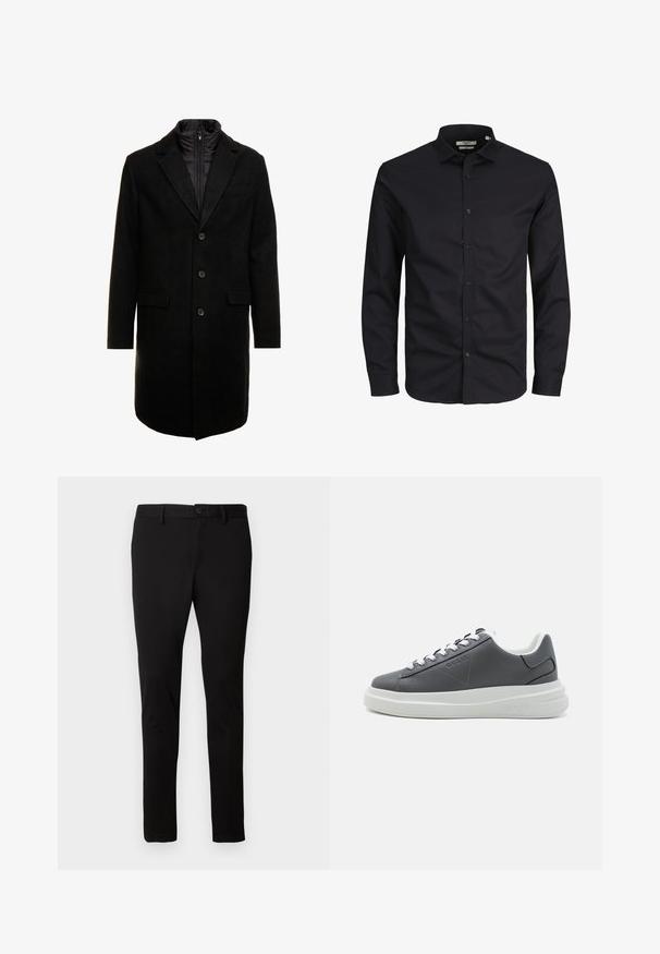 Manteau en mélange de laine noir au design élégant, doté d'une couche intérieure isolée zippée, de trois boutons et de deux poches avant.; Chemise noire à manches longues avec boutons, en coton, avec un col pointu, des boutons à l'avant et une coupe classique. Texture lisse, sans motifs.; Pantalons noirs slim fit avec passants de ceinture, fermeture à bouton frontal et zip, présentés sur un fond clair uni.; Baskets en cuir gris avec semelle blanche, bout rond, design à lacets, détail de marque sur le côté et col rembourré pour le confort.