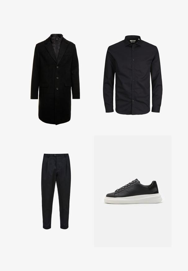 Manteau en mélange de laine noir au design élégant, doté d'une couche intérieure isolée zippée, de trois boutons et de deux poches avant.; Chemise noire à manches longues avec boutons, en coton, avec un col pointu, des boutons à l'avant et une coupe classique. Texture lisse, sans motifs.; Pantalons noirs en tissu lisse, avec un devant plissé, une coupe fuselée et des ourlets roulés. Fermeture par bouton simple à la taille.; Baskets en cuir noir avec une semelle en caoutchouc blanc, dotées de lacets plats et d'œillets marqués. Texture douce avec un accent contrastant sur le côté.