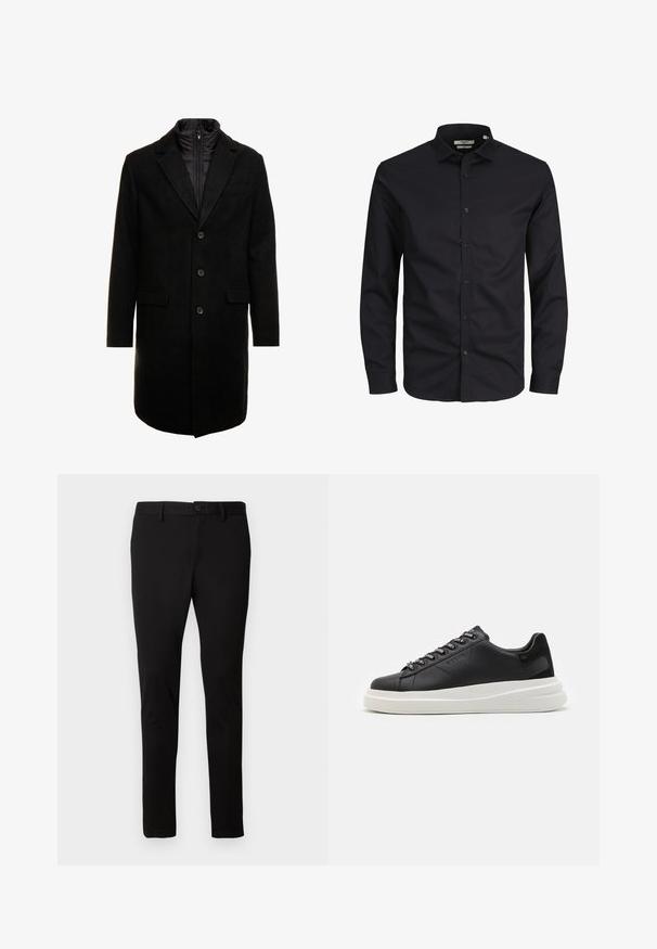 Črn volnen mešani plašč s sleek oblikovanjem, ki vključuje notranjo plast z izolacijo, tri gumbe in dva sprednja žepa.; Črna dolgoročna srajca s kopčo iz bombaža z ostrim ovratnikom, sprednjimi gumbi in klasičnim krojem. Gladka tekstura, brez vzorcev.; Črne slim-fit hlače z zankami za pas, sprednjim gumbom in zadrgo, prikazane na enotni svetli ozadju.; Črne usnjene teniske z belim gumijastim podplatom, ki imajo ravne vezalke in blagovno znamko na ošitih luknjah. Mehka tekstura s kontrastnim stranskim poudarkom.