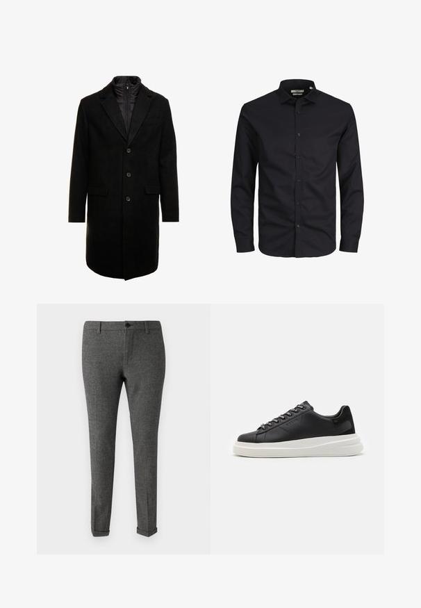 Crni kaput od vune s mješavinom, elegantnog dizajna, s odvojivim izoliranim unutarnjim slojem, tri gumba i dva prednja džepa.; Crna košulja dugih rukava s gumbima, izrađena od pamuka, s oštrim okovratnikom, prednjim gumbima i klasičnim krojem. Glatka tekstura, bez uzoraka.; Sive karirane hlače od tkanine, s kopčanjem na dugme, petljama za remen i prevrnutim rubovima za dorađen izgled.; Crne kožne tenisice s bijelim gumenim potplatima, s ravnim vezicama i brendiranim rupama za vezanje. Mekana tekstura s kontrastnim bočnim naglaskom.