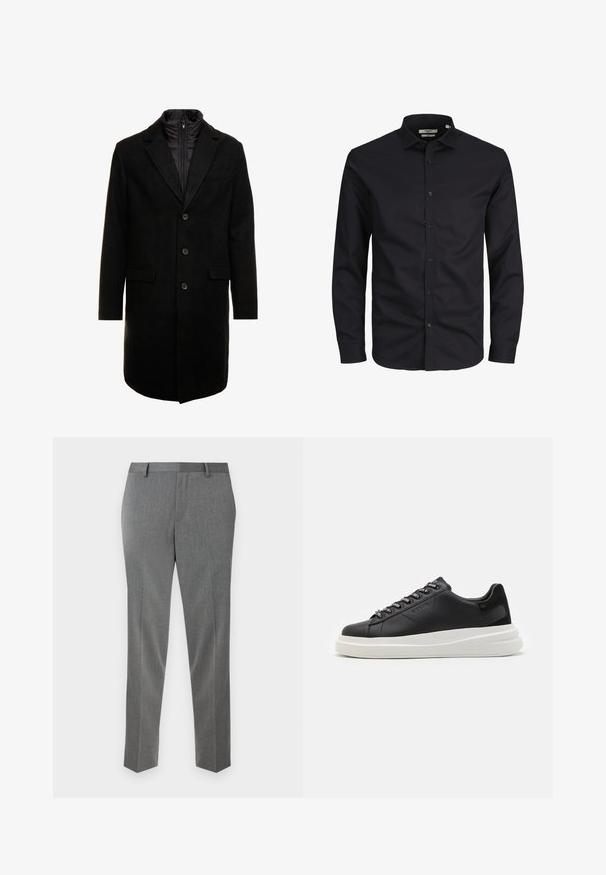 Abrigo de lana negro con un diseño elegante, que cuenta con una capa interna aislante desmontable, tres botones y dos bolsillos frontales.; Camisa negra de manga larga con botones, hecha de algodón, con cuello puntiagudo, botones frontales y un corte clásico. Textura suave, sin patrones.; Pantalones gris con corte a medida y una fina textura de espiga, de corte recto y con trabillas para el cinturón. Presentan pliegues planchados para un aspecto pulido.; Zapatilla de cuero negra con suela de goma blanca, con cordones planos y ojales de marca. Textura suave con un acento lateral contrastante.