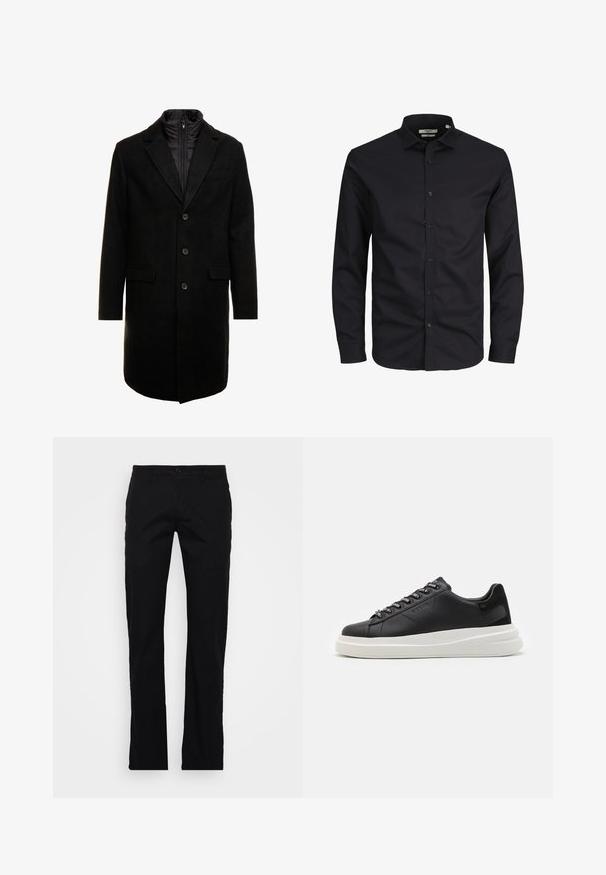 Czarny płaszcz wełniany o eleganckim fasonie, z ocieplaną wkładką na zamek, trzema guzikami i dwiema przednimi kieszeniami.; Czarna, długosleeve koszula zapinana na guziki, wykonana z bawełny, z kołnierzykiem w kształcie litery point i klasycznym krojem. Gładka tekstura, bez wzorów.; Czarne spodnie proste w kroju, wykonane z bawełnianego materiału, z zapięciem na guzik, paskiem do spodni i prostym fasonem bez dodatkowych wzorów lub elementów. ; Czarne skórzane trampki z białą gumową podeszwą, z płaskimi sznurowadłami i logo w oczkach. Miękka tekstura z kontrastowym akcentem bocznym.