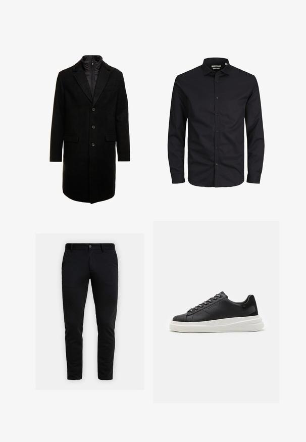 Schwarzer Wollmischung-Übermantel mit sleekem Design, ausgestattet mit einer herausnehmbaren isolierten Innenschicht, drei Knöpfen und zwei Fronttaschen.; Schwarzes Langarmhemd mit Knopfleiste aus Baumwolle, mit spitzem Kragen, Frontknöpfen und klassischer Passform. Glatte Textur, ohne Muster.; Schlanke schwarze Hose mit Gürtelschlaufen, vorderem Knopfverschluss und seitlichen Taschen, vor einem hellgrauen Hintergrund präsentiert.; Schwarze Ledersneaker mit einer weißen Gummisohle, ausgestattet mit flachen Schnürsenkeln und markierten Ösen. Weiche Textur mit einem kontrastierenden Seitenakzent.