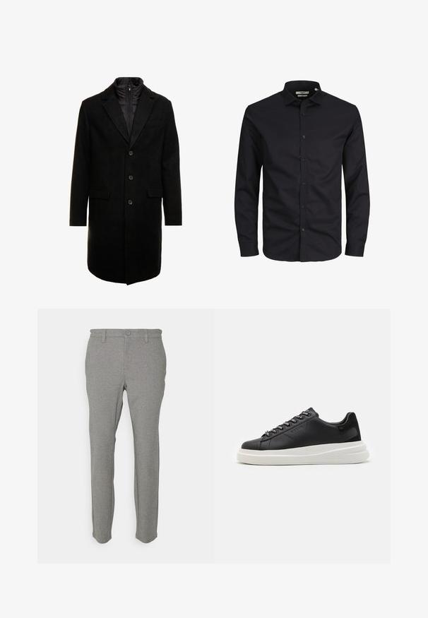 Czarny płaszcz wełniany o eleganckim fasonie, z ocieplaną wkładką na zamek, trzema guzikami i dwiema przednimi kieszeniami.; Czarna, długosleeve koszula zapinana na guziki, wykonana z bawełny, z kołnierzykiem w kształcie litery point i klasycznym krojem. Gładka tekstura, bez wzorów.; Jasnoszare spodnie wykonane z miękkiego materiału, o prostym kroju, z paskami na pasek i pojedynczym zapięciem na guzik. Gładka tekstura, minimalistyczny design.; Czarne skórzane trampki z białą gumową podeszwą, z płaskimi sznurowadłami i logo w oczkach. Miękka tekstura z kontrastowym akcentem bocznym.