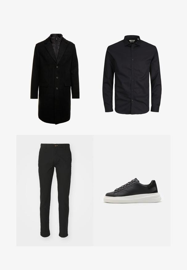 Czarny płaszcz wełniany o eleganckim fasonie, z ocieplaną wkładką na zamek, trzema guzikami i dwiema przednimi kieszeniami.; Czarna, długosleeve koszula zapinana na guziki, wykonana z bawełny, z kołnierzykiem w kształcie litery point i klasycznym krojem. Gładka tekstura, bez wzorów.; Czarne chinosy wykonane z mieszanki bawełny, slim fit, z brązowym zapięciem na guzik, dwoma bocznymi kieszeniami i z mankietami.; Czarne skórzane trampki z białą gumową podeszwą, z płaskimi sznurowadłami i logo w oczkach. Miękka tekstura z kontrastowym akcentem bocznym.