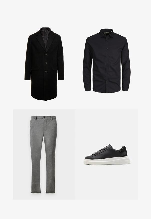 Sort uldblandings frakk med et elegant design, der har et indbygget isoleret inderlag, tre knapper og to forlommer.; Sort langærmet skjorte med knapper lavet af bomuld, med spidse kraver, frontknapper og en klassisk pasform. Glat tekstur, ingen mønstre.; Grå slim-fit bukser lavet af blødt stof med en subtil tekstur. Har en knaplukning og manchetter for et skræddersyet udseende.; Sort lædersneaker med en hvid gummisål, der har flade snørebånd og branded øjer. Blød tekstur med en kontrasterende sideaccent.