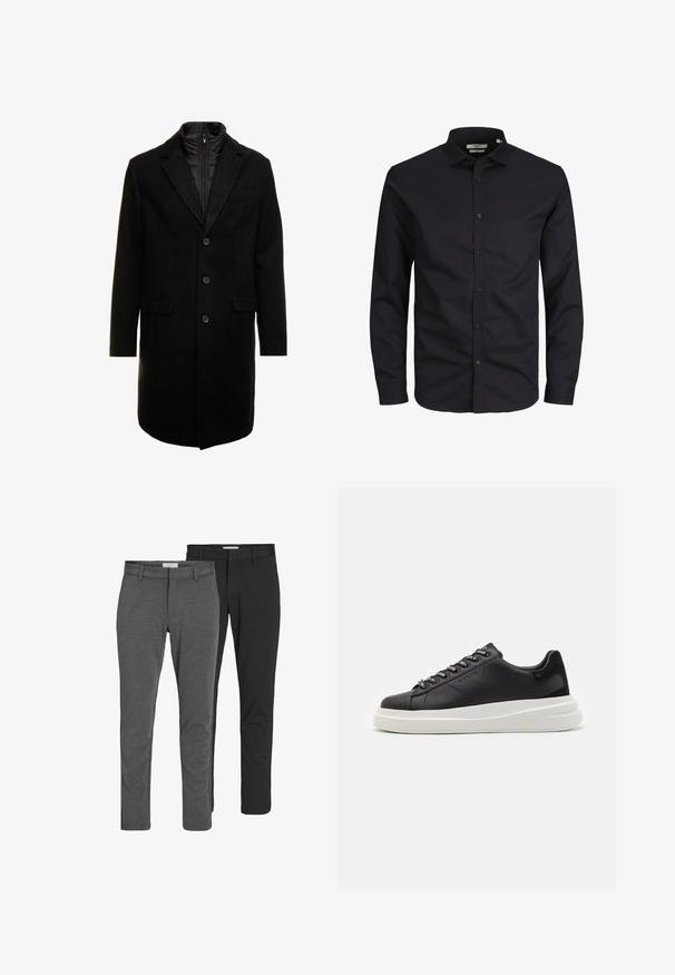 Zwarte wolblend overjas met een slank ontwerp, voorzien van een uitneembare geïsoleerde binnenlaag, drie knopen en twee voorzakken.; Zwarte overhemd met lange mouwen, gemaakt van katoen, met een puntige kraag, knopen aan de voorkant en een klassieke pasvorm. Zorgt voor een soepele textuur, zonder patronen.; Twee paren klassieke broeken: een grijze katoenmix en een zwarte katoenmix. Beide hebben een getailleerd ontwerp met riemlussen en een gladde afwerking.; Zwarte leren sneakers met een witte rubberen zool, voorzien van platte veters en gemerkte oogjes. Zachte textuur met een contrasterende zijaccent.