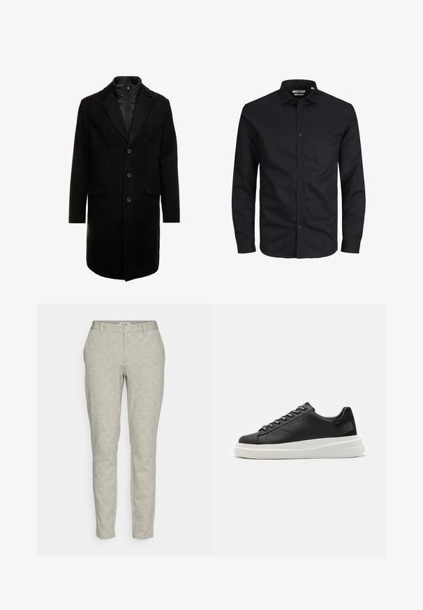 Crni kaput od vune s mješavinom, elegantnog dizajna, s odvojivim izoliranim unutarnjim slojem, tri gumba i dva prednja džepa.; Crna košulja dugih rukava s gumbima, izrađena od pamuka, s oštrim okovratnikom, prednjim gumbima i klasičnim krojem. Glatka tekstura, bez uzoraka.; Bež hlače krojene od lagane tkanine, s prednjim kopčanjem na gumb, dva bočna džepa i uskim krojem.; Crne kožne tenisice s bijelim gumenim potplatima, s ravnim vezicama i brendiranim rupama za vezanje. Mekana tekstura s kontrastnim bočnim naglaskom.