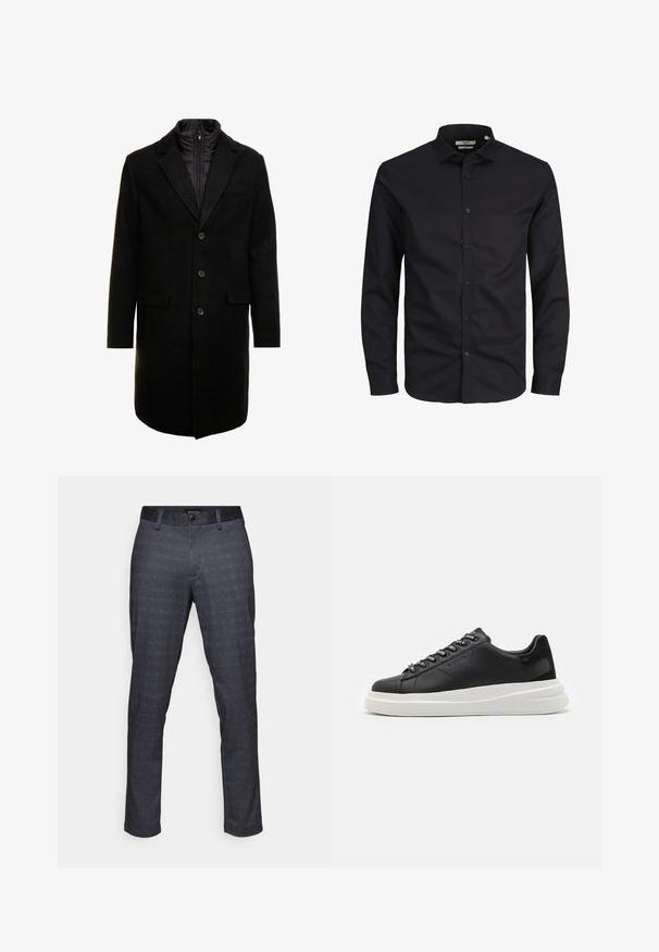 Fekete gyapjú keverékből készült overál, letisztult dizájnnal, cipzárral ellátott szigetelt belső réteggel, három gombbal és két elülső zsebből.; Fekete, hosszú ujjú gombos ing, pamutból készült, hegyes gallérral, elülső gombokkal és klasszikus fazonnal. Simaszövet, minták nélkül.; Sötét tengerészkék nadrág texturált kockás mintával, lapos elülső résszel, övhurkokkal, oldalsó zsebekkel és klasszikus gombos záródással.; Fekete bőr sportcipő fehér gumitalppal, lapos fűzőkkel és márkázott fűzőlyukakkal. Puha tapintású, kontrasztos oldali akcentussal.