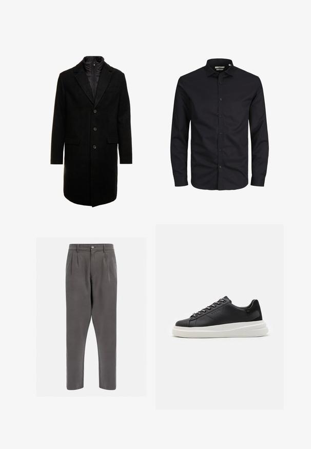 Fekete gyapjú keverékből készült overál, letisztult dizájnnal, cipzárral ellátott szigetelt belső réteggel, három gombbal és két elülső zsebből.; Fekete, hosszú ujjú gombos ing, pamutból készült, hegyes gallérral, elülső gombokkal és klasszikus fazonnal. Simaszövet, minták nélkül.; Szürke plissé nadrág sima anyagból, gombos zárással és keskeny lábakkal a letisztult illeszkedésért. Nincsenek további minták vagy díszítések.; Fekete bőr sportcipő fehér gumitalppal, lapos fűzőkkel és márkázott fűzőlyukakkal. Puha tapintású, kontrasztos oldali akcentussal.