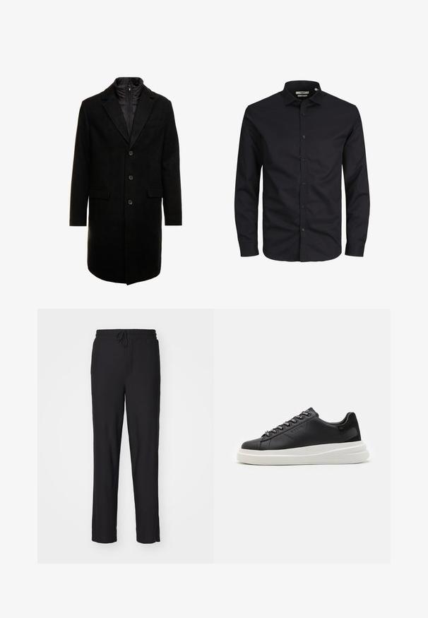 Must värviline villasegu mantlit, millel on sujuv disain, varustatud lülitatava isoleeritud sisemise kihiga, kolme nupukese ja kahe eesmine taskuga.; Must värvitud pika varrukaga särk, millel on nööbid ja klassikaline lõige, valmistatud puuvillast. Sile tekstuur, ilma mustrita.; Mustrid mustad ribatud kootud püksid elastse vöökoha ja nööriga. Sirge jalgade kujundus, sile tekstuur ning nähtavad märgid või mustrid puuduvad.; Mustmustest musta nahkistsneaker, millel on valge kummist tald, sirged paelad ja bränditud silmad. Pehme tekstuur kontrastse küljeaktsendiga.