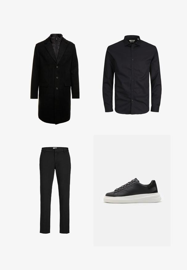 Czarny płaszcz wełniany o eleganckim fasonie, z ocieplaną wkładką na zamek, trzema guzikami i dwiema przednimi kieszeniami.; Czarna, długosleeve koszula zapinana na guziki, wykonana z bawełny, z kołnierzykiem w kształcie litery point i klasycznym krojem. Gładka tekstura, bez wzorów.; Czarne spodnie wykonane z gładkiego materiału, o prostym kroju, z bocznymi kieszeniami, szlufkami na pasek i wykończeniem bez obszycia. Bez widocznych wzorów ani akcentów.; Czarne skórzane trampki z białą gumową podeszwą, z płaskimi sznurowadłami i logo w oczkach. Miękka tekstura z kontrastowym akcentem bocznym.