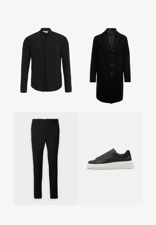 Cappotto lungo in misto lana nero dal design elegante, con uno strato interno isolato rimovibile, tre bottoni e due tasche frontali.; Camicia nera a maniche lunghe con colletto a banda, chiusura frontale con bottoni e texture liscia. Orlo dritto e design aderente.; Pantaloni neri slim-fit con passanti per cintura, chiusura frontale con bottone e zip, presentati su uno sfondo chiaro e semplice.; Sneaker in pelle nera con suola in gomma bianca, dotato di lacci piatti e occhielli brandizzati. Texture morbida con un accento laterale a contrasto.