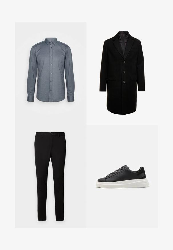 Fekete gyapjú keverékből készült overál, letisztult dizájnnal, cipzárral ellátott szigetelt belső réteggel, három gombbal és két elülső zsebből.; Hosszú ujjú gombos ing sötétszürke anyagból, gallérral, elülső gombokkal és mandzsettákkal. Simább textúrával és karcsú szabással.; Fekete, slim-fit nadrág övbújtatókkal, elülső gombbal és cipzárral, egyszerű világos háttéren bemutatva.; Fekete bőr sportcipő fehér gumitalppal, lapos fűzőkkel és márkázott fűzőlyukakkal. Puha tapintású, kontrasztos oldali akcentussal.
