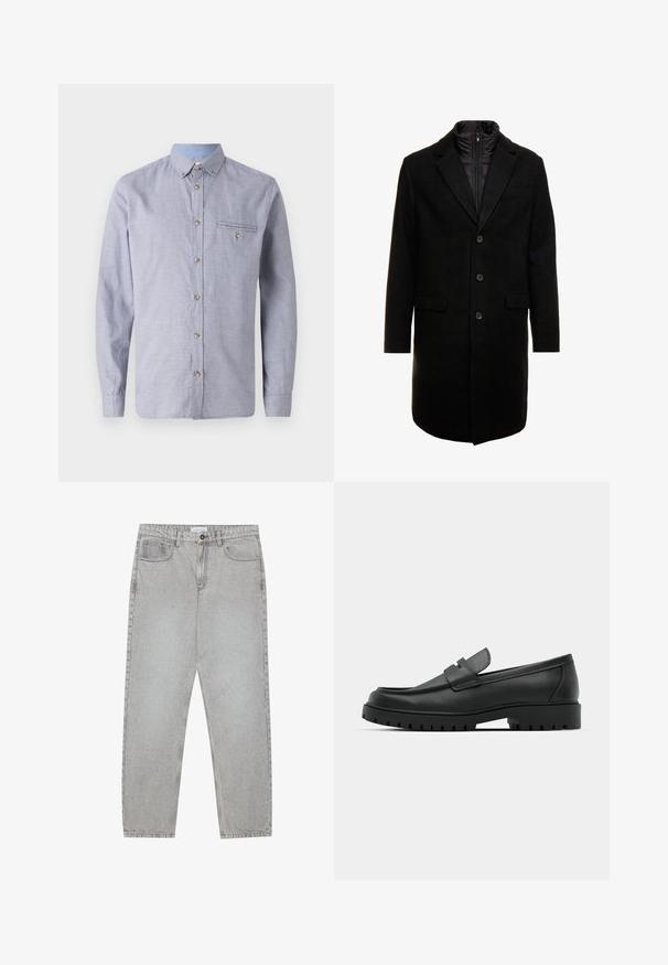 Melna vilnas maisījuma virsjakas ar elegantu dizainu, kurā ir iešūta izolēta iekšējā kārta, trīs pogas un divas priekšējās kabatas.; Gaiši zils un balts pārbaudīts garām piedurknēm krekls ar pogu uz leju, priekšējo kabatu, aproces ar pogām un koka pogu akcentiem.; Gai pelēko džinsu bikses ar taisnajām kājām, piecu kabatu stilu un pogu aizdari. Redzama šuvju apstrāde gar šuvēm.; Melnas ādas loafers ar noapaļotu purngalu, ar izšūtu dizainu, zemu platformas zoli un teksturētu, rievotu gumijas ārējo zoli.