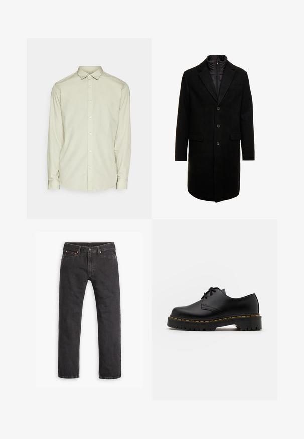 Zwarte wolblend overjas met een slank ontwerp, voorzien van een uitneembare geïsoleerde binnenlaag, drie knopen en twee voorzakken.; Lichtgroene longsleeve shirt van gladde stof. Voorzien van een button-down-kraag, knopen aan de voorkant en een afgeronde zoom. Eenvoudig ontwerp, zonder patronen.; Zwarte denim jeans met rechte pijpen, vijf zakken, knoopsluiting en koperen klinknagels, plat gelegd op een witte achtergrond.; Zwarte leren veterschoen met een ronde neus, getextureerde rubberen zool en gele stiksels rond de basis. Plat ontwerp en een gladde afwerking.