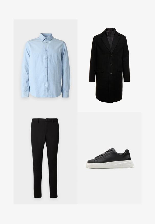 Melna vilnas maisījuma virsjakas ar elegantu dizainu, kurā ir iešūta izolēta iekšējā kārta, trīs pogas un divas priekšējās kabatas.; Samsøe Samsøe LIAM SHIRT - Krekls - light blue; Melni pieguļoši bikses ar jostu cilpām, priekšējo pogu un rāvējslēdzēju, izstādītas uz vienkārša gaiša fona.; Melnas ādas sporta kurpes ar baltu gumijas zoli, kurām ir plakanas saites un zīmola acs. Mīksta tekstūra ar kontrastējošu sānu akcentu.