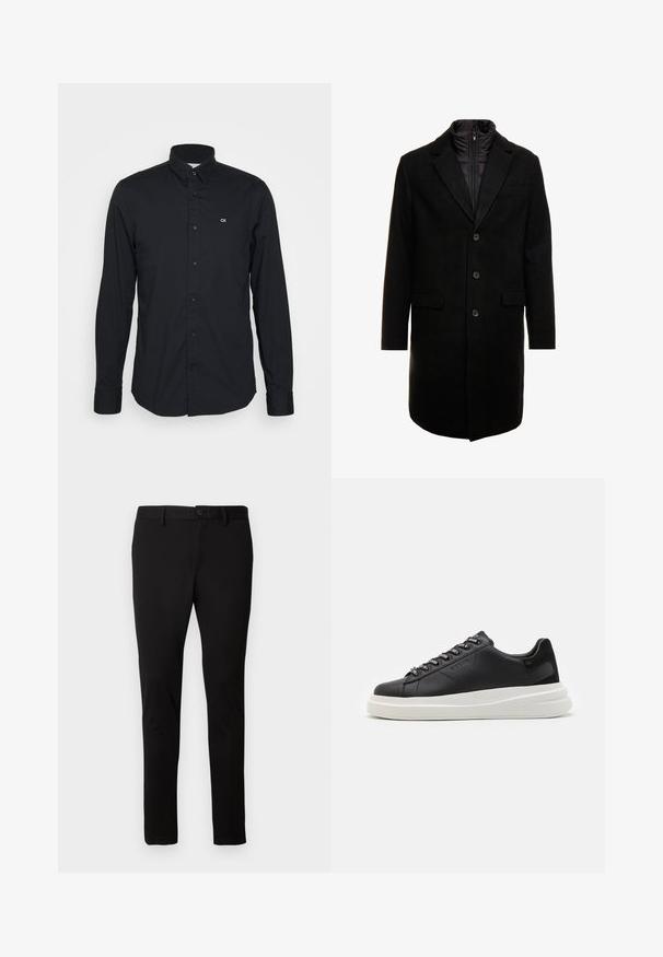 Czarny płaszcz wełniany o eleganckim fasonie, z ocieplaną wkładką na zamek, trzema guzikami i dwiema przednimi kieszeniami.; Czarna koszula z długim rękawem, wykonana z bawełny, z kołnierzykiem zapinanym na guziki, z małym logo CK na lewej piersi oraz prostym dołem.; Czarne, dopasowane spodnie z paskiem, z zapięciem na guzik z przodu i zamkiem błyskawicznym, wyeksponowane na jednolitym jasnym tle.; Czarne skórzane trampki z białą gumową podeszwą, z płaskimi sznurowadłami i logo w oczkach. Miękka tekstura z kontrastowym akcentem bocznym.
