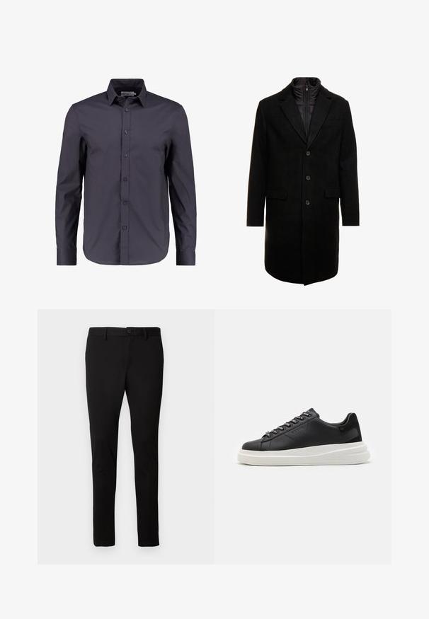 Mustan villasekoitteinen päällystakki, jossa on tyylikäs muotoilu, vuorattu irrotettavalla lämpökerroksella, kolme nappia ja kaksi etulokeroa.; Tummansininen pitkähihaainen paita, joka on valmistettu sileästä puuvillasta. Paidassa on napitettava etuosa, klassinen kaulus ja istuva malli.; Musta slim-fit-housut, joissa on vyölenkit, etupainike ja vetskari, esillä vaalealla yksinkertaisella taustalla.; Musta nahkakengät valkoisella kumipohjalla, joissa on tasaiset nauhat ja brändätyt rei'itykset. Pehmeä pinta, jossa on erottuva sivusärmä.