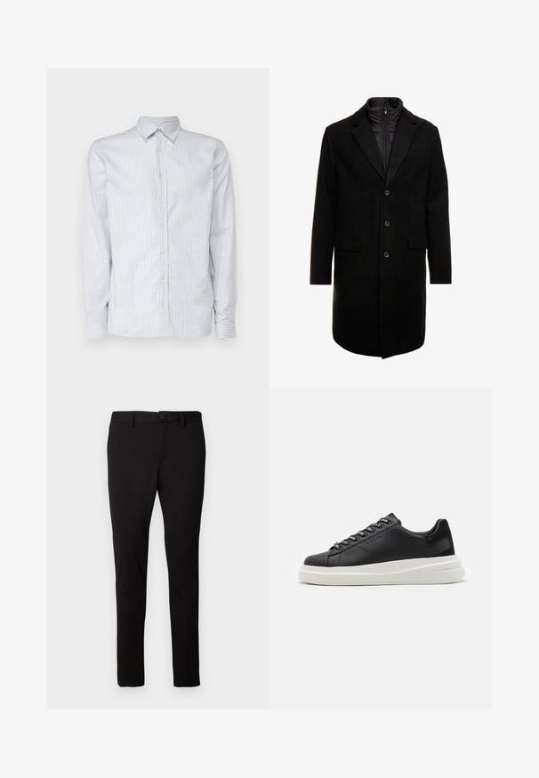 Fekete gyapjú keverékből készült overál, letisztult dizájnnal, cipzárral ellátott szigetelt belső réteggel, három gombbal és két elülső zsebből.; Világoskék csíkos, hosszú ujjú póló pamut anyagból. Klasszikus gallérral, gombos elülső résszel és keskeny mandzsettákkal rendelkezik, amelyek a csíkokkal megegyeznek.; Fekete, slim-fit nadrág övbújtatókkal, elülső gombbal és cipzárral, egyszerű világos háttéren bemutatva.; Fekete bőr sportcipő fehér gumitalppal, lapos fűzőkkel és márkázott fűzőlyukakkal. Puha tapintású, kontrasztos oldali akcentussal.