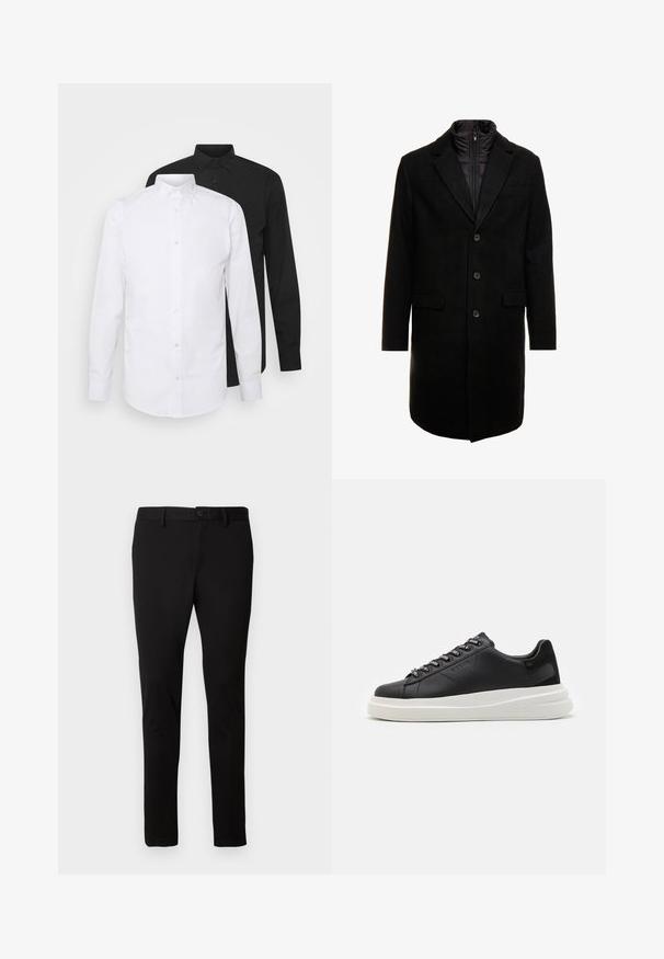 Cappotto lungo in misto lana nero dal design elegante, con uno strato interno isolato rimovibile, tre bottoni e due tasche frontali.; Due camicie a maniche lunghe, una bianca e una nera, con colletto a punta e chiusura a bottone, realizzate in tessuto liscio.; Pantaloni neri slim-fit con passanti per cintura, chiusura frontale con bottone e zip, presentati su uno sfondo chiaro e semplice.; Sneaker in pelle nera con suola in gomma bianca, dotato di lacci piatti e occhielli brandizzati. Texture morbida con un accento laterale a contrasto.