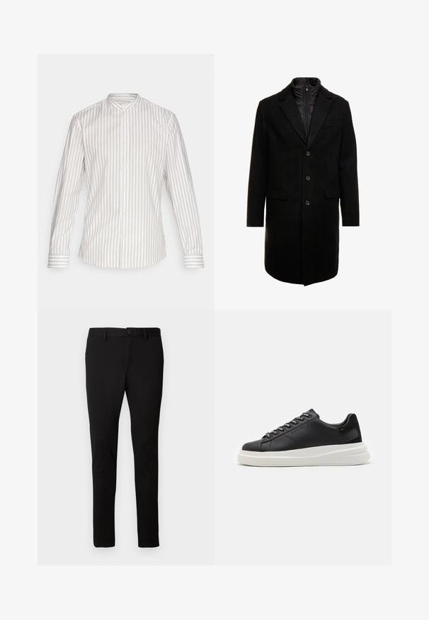 Juodas vilnos mišinio viršutinis paltas su elegantišku dizainu, turintis įsitraukiančią izoliuotą vidinę dalį, tris mygtukus ir dvi priekinės kišenes.; Šviesiai bežinė ir baltomis vertikaliomis juostelėmis marškiniai ilgomis rankovėmis. Su stovinčiu coloriu ir mygtukų uždarymu, taip pat atitinkančiais rankogaliais.; Juodi siauri kelnės su dirželių kilpomis, priekyje esančiu mygtuku ir užtrauktuku, rodomos ant vientiso šviesaus fono.; Juodos odinės sportbačiai su balta guma padanga, su plokščiomis raiščiais ir firminiais skylutėmis. Minkšta tekstūra su kontrastingu šonu akcentu.