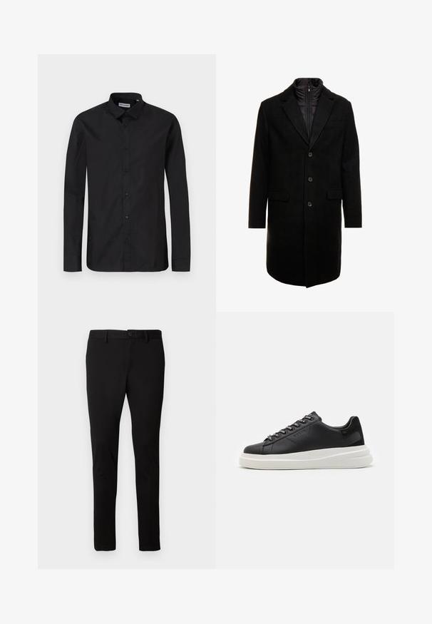 Črn volnen mešani plašč s sleek oblikovanjem, ki vključuje notranjo plast z izolacijo, tri gumbe in dva sprednja žepa.; Črna dolga majica s krznim rokavom in klasičnim ovratnikom, izdelana iz gladkega materiala, z gumbi na sprednji strani ter običajnim krojem.; Črne slim-fit hlače z zankami za pas, sprednjim gumbom in zadrgo, prikazane na enotni svetli ozadju.; Črne usnjene teniske z belim gumijastim podplatom, ki imajo ravne vezalke in blagovno znamko na ošitih luknjah. Mehka tekstura s kontrastnim stranskim poudarkom.