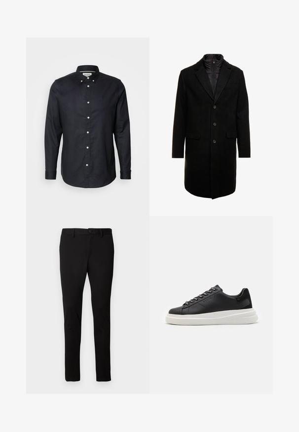 Melna vilnas maisījuma virsjakas ar elegantu dizainu, kurā ir iešūta izolēta iekšējā kārta, trīs pogas un divas priekšējās kabatas.; Scotch & Soda CORE OXFORD SOLID - Krekls - black; Melni pieguļoši bikses ar jostu cilpām, priekšējo pogu un rāvējslēdzēju, izstādītas uz vienkārša gaiša fona.; Melnas ādas sporta kurpes ar baltu gumijas zoli, kurām ir plakanas saites un zīmola acs. Mīksta tekstūra ar kontrastējošu sānu akcentu.