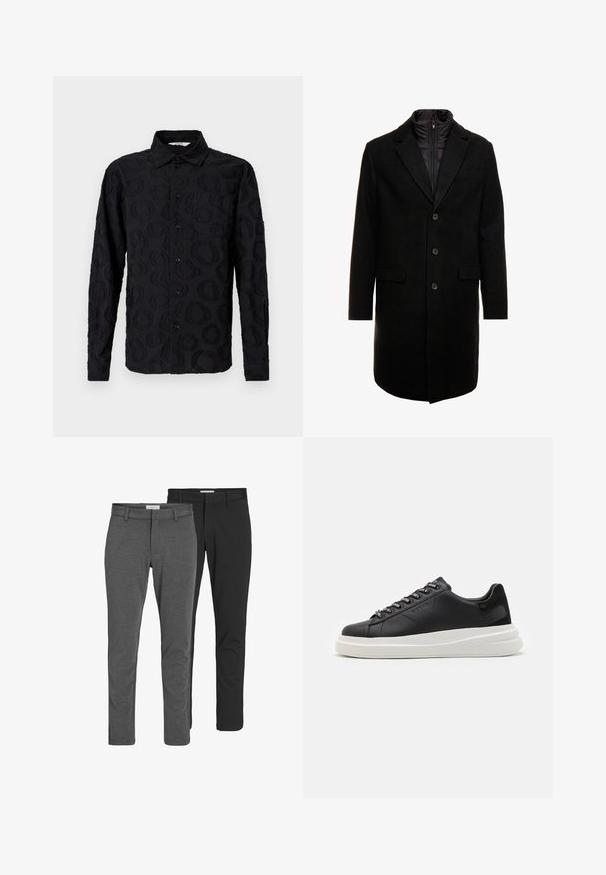 Schwarzer Wollmischung-Übermantel mit sleekem Design, ausgestattet mit einer herausnehmbaren isolierten Innenschicht, drei Knöpfen und zwei Fronttaschen.; Schwarzes Langarm-Hemd mit Knöpfen, das ein dezentes, strukturiertes kreisförmiges Muster und eine Brusttasche aufweist, auf einem weißen Hintergrund präsentiert.; Zwei Paar klassische Hosen: eine aus grauer Baumwollmischung, eine aus schwarzer Baumwollmischung. Beide besitzen ein maßgeschneidertes Design mit Gürtelschlaufen und einer glatten Oberfläche.; Schwarze Ledersneaker mit einer weißen Gummisohle, ausgestattet mit flachen Schnürsenkeln und markierten Ösen. Weiche Textur mit einem kontrastierenden Seitenakzent.