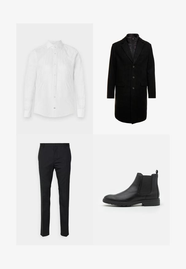 Schwarzer Wollmischung-Übermantel mit sleekem Design, ausgestattet mit einer herausnehmbaren isolierten Innenschicht, drei Knöpfen und zwei Fronttaschen.; Weißes Langarmshirt aus strukturiertem Stoff, mit einem subtilen Muster, einem klassischen Kragen und perlenähnlichen Knöpfen auf der Vorderseite.; Schwarze, taillierte Hose mit geradem Schnitt, aus glattem Stoff gefertigt. Verfügt über Gürtelschlaufen und eine Bügelfalte an der Vorderseite.; Schwarze Leder Chelsea-Stiefel mit elastischen Seiteneinsätzen und einer Ziehschlaufe, runder Zehenform und strukturiertem Gummisohle.